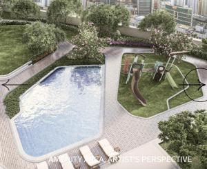 an overhead view of a swimming pool with a slide at Luxurious stay at Air Residences in Manila