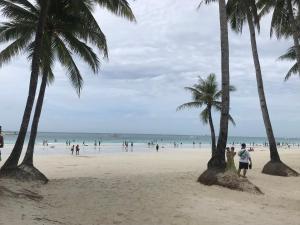un grupo de personas en una playa con palmeras en Double Diamond Inn Guest House, en Boracay