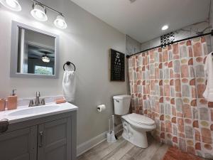 a bathroom with a toilet and a shower curtain at 30 Day Rental In Nashville King Bed 3bd3ba in Nashville