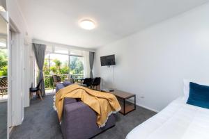 a bedroom with a bed and a couch and a window at Aarangi Motel in Auckland