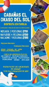 a flyer for a swimming pool in a resort at Cabañas El Okaso del Sol in Santa Cruz