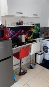 uma cozinha com um balcão e uma máquina de lavar roupa em Paris Sud-porte de Gentilly mignon T2 250 m de Paris em Gentilly