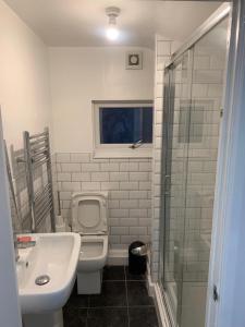 a bathroom with a toilet and a sink and a shower at Arden Street in Gillingham