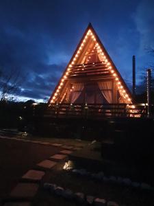 LuncaCabana Apuseni Forest的夜晚屋顶上灯火通明的房子