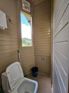 a small bathroom with a toilet and a window at Himalayan Havenwood in Mukteswar