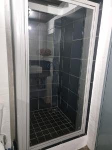 a shower with a glass door in a bathroom at CM Loft Maboneng in Johannesburg +12 photos