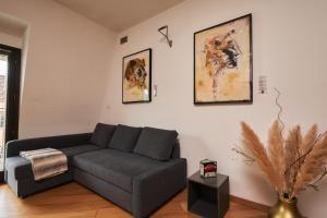 un salon avec un canapé et des tableaux au mur dans l'établissement Gallery Suite the Turin center apartment 5 Floor, Free garage, Big terrace, à Turin