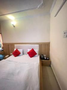 賈姆穆的住宿－Hotel Himgiri Pakki Daki，卧室配有带红色枕头的白色床