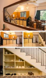 two pictures of a kitchen and a living room at White House in Canacona