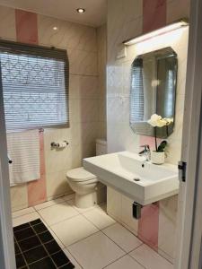a bathroom with a sink and a toilet and a mirror at musgrave manors villa in Durban