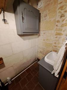 ein kleines Bad mit einem Waschbecken und einem WC in der Unterkunft La Chauvellière, un écrin de verdure dans un cadre historique in Beaumont-la-Ronce