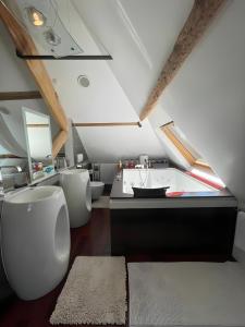 a bathroom with two toilets and a bath tub at Domaine de la Belvaudière - luxueux - 24H du Mans - 20p - Rêve au Mans in Saint Pavace