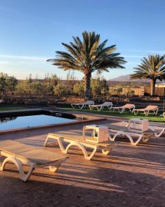 un grupo de mesas de picnic sentadas junto a un estanque en Villa Oliva Fuerteventura, en Tuineje