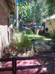 een achtertuin met een tafel en wat planten bij Kioga home stay in Arusha