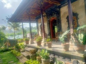 a porch of a house with potted plants on it at Puri Agung Inn in Sidemen
