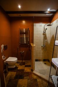 a bathroom with a shower and a toilet in it at Piazza Boutique Hotel in Batumi