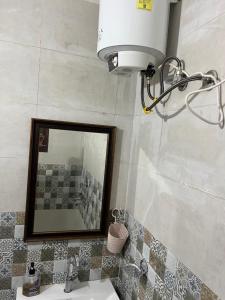 a bathroom with a mirror and a sink at Odyin Apartment in Mohali