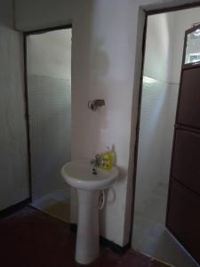 een badkamer met een witte wastafel en een douche bij Kioga home stay in Arusha