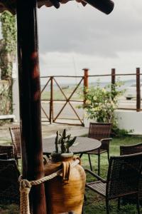 eine Terrasse mit einem Tisch, Stühlen und einem Kaktus in der Unterkunft Pousada Nel Blu in Itaparica Town