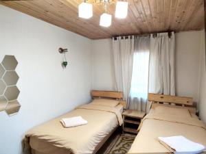 two twin beds in a room with a window at Evergreen Guesthouse in Karakol
