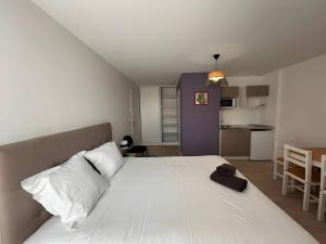 a bedroom with a large white bed and a kitchen at Les Orchidées - Campagne - 2pers - Rêve au Mans in Saint-Mars-sous-Ballon