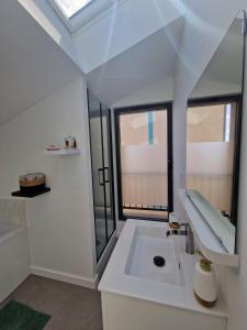 a bathroom with a sink and two windows at Le Saphir - Centre - Confort - 6p - Rêve au Mans in Coulaines