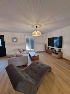 ein Wohnzimmer mit einem Sofa und einem Flachbild-TV in der Unterkunft Le Phénix - Piscine chauffée - 7pers- Rêve au Mans in La Suze-sur-Sarthe