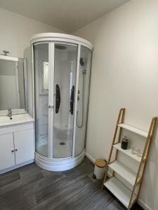 uma casa de banho com um chuveiro e um lavatório. em La Feuillette - Cosy - Wifi - 4 personnes - Rêve au Mans em Pontlieue