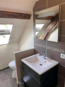 ein Bad mit einem Waschbecken und einem Spiegel in der Unterkunft Le Contemporain - 5p - Centre Ecommoy - Rêve au Mans in Écommoy