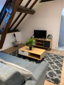 ein Wohnzimmer mit einem Sofa und einem TV in der Unterkunft Le Contemporain - 5p - Centre Ecommoy - Rêve au Mans in Écommoy