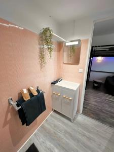 a bathroom with a sink and towels on a wall at La Bonne Adresse - Gare - Hyper centre - 4 personnes - Rêve au Mans in Le Mans