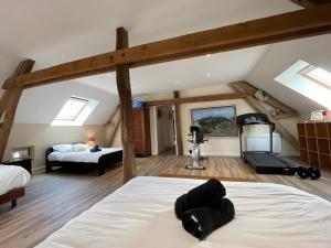 a attic room with two beds and a camera in it at La Grange - Campagne - Piscine 15p - Rêve au Mans in Thorée-les-Pins