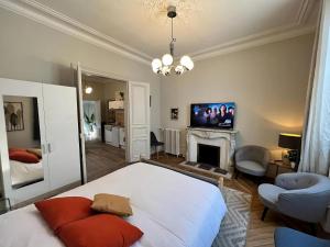 a bedroom with a bed and a tv and a fireplace at Le Nomade - Gare - 3 pers - Rêve au Mans in Le Mans