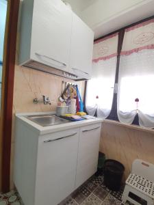 マテーラにあるLA CASA DEI PARGOLI JUNIORの白いキャビネットとシンクを備えた小さなキッチン