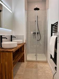 uma casa de banho com um chuveiro e um lavatório. em Appartement 4 lits • Tout neuf em Montreuil