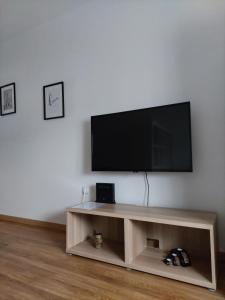 una TV a schermo piatto seduta sopra un centro di intrattenimento in legno di M&M Apartment a Velika Gorica