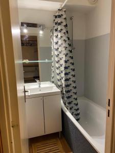 baño con lavabo y cortina de ducha en Centre station - LA FOUX D'ALLOS - Charmant T2 en Allos