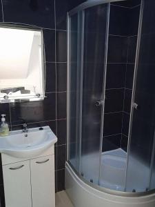 a bathroom with a shower and a sink at Willa Rosa - Dom dla 20 osób z jacuzzi i sauną ogrodową Kaszuby in Bukowina