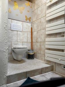 a bathroom with a toilet and butterflies on the wall at Troglo Papillon in Luynes