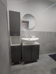 y baño con lavabo y espejo. en Silesia Comforts Katowice, Chorzów SELF CHECK en Chorzów