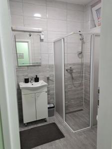 La salle de bains est pourvue d'une douche et d'un lavabo blanc. dans l'établissement MIMA apartmani, à Bečej