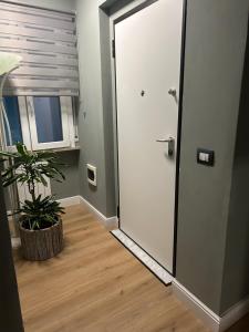 une porte dans une pièce avec une plante et une fenêtre dans l'établissement ART HOUSE, à Nuoro