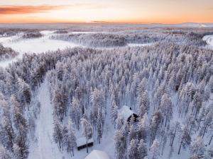 una vista aerea di una foresta ricoperta di neve di Pyhä Saukonpiilo a Pelkosenniemi