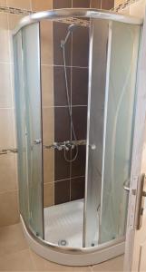 a shower with a glass door in a bathroom at Dar el benet in Djerba