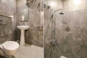 two pictures of a bathroom with a toilet and a shower at FabHotel Ambassador in Chandīgarh