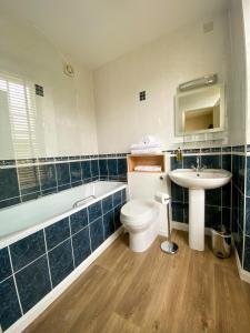 a bathroom with a toilet and a sink and a bath tub at Bendene Townhouse - Exeter in Exeter