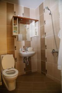 a bathroom with a toilet and a sink and a shower at Къща за гости Донука in Panichishte