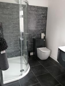 a bathroom with a shower and a toilet at Self contained annexe in Kidderminster