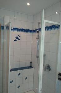 a bathroom with a shower with a blue stripe on the wall at Mucki´s Ferienwohnung in Bad Zwischenahn