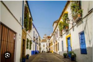 an empty alley with white buildings and plants at Casa Muralla del Alcazar Viejo in Córdoba